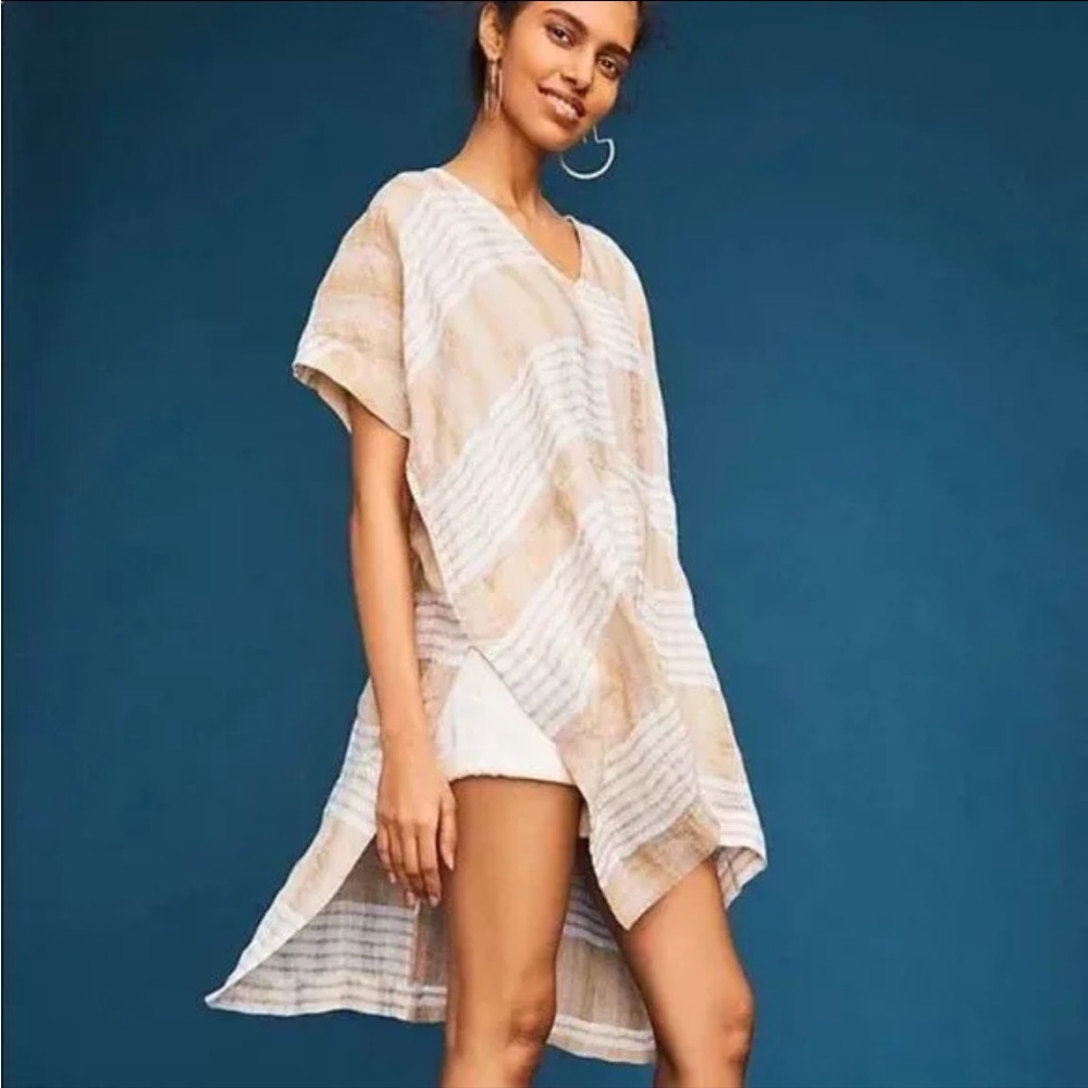 AKEMI & KIN 100% LINEN BEIGE AND WHITE STRIPED LAGENLOOK HIGH LOW TUNIC …